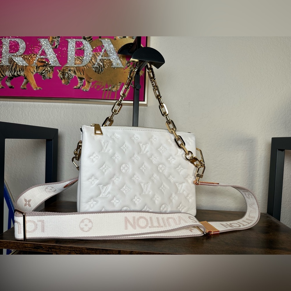 Authentic Louis Vuitton Coussin PM White Embossed Monogram Chain Shoulder Bag